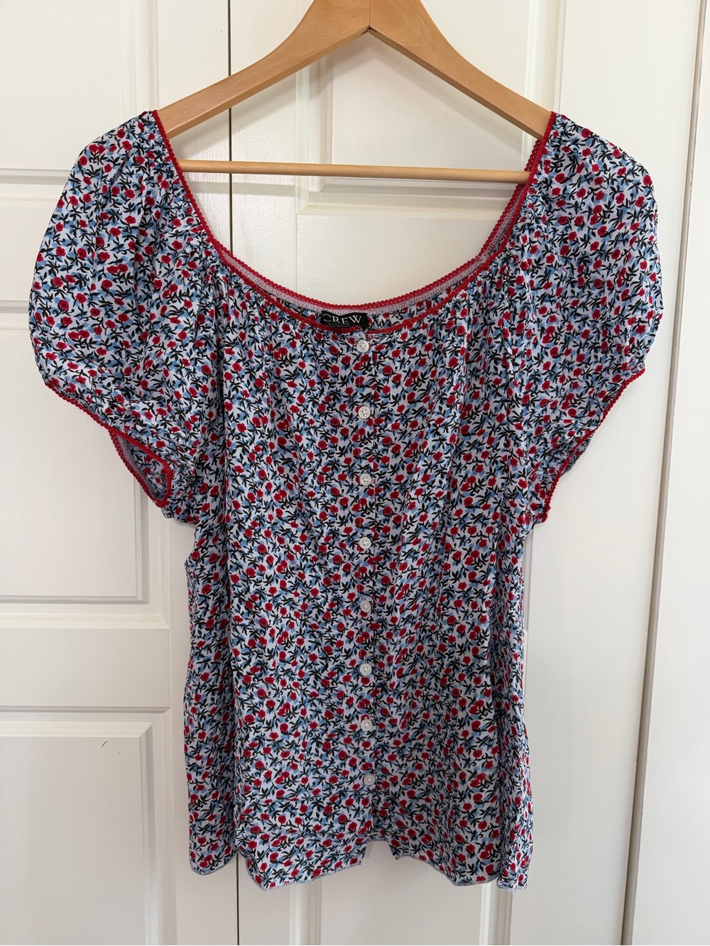 J. Crew Blue Floral Short Sleeve Button-Front Top with Red Trim